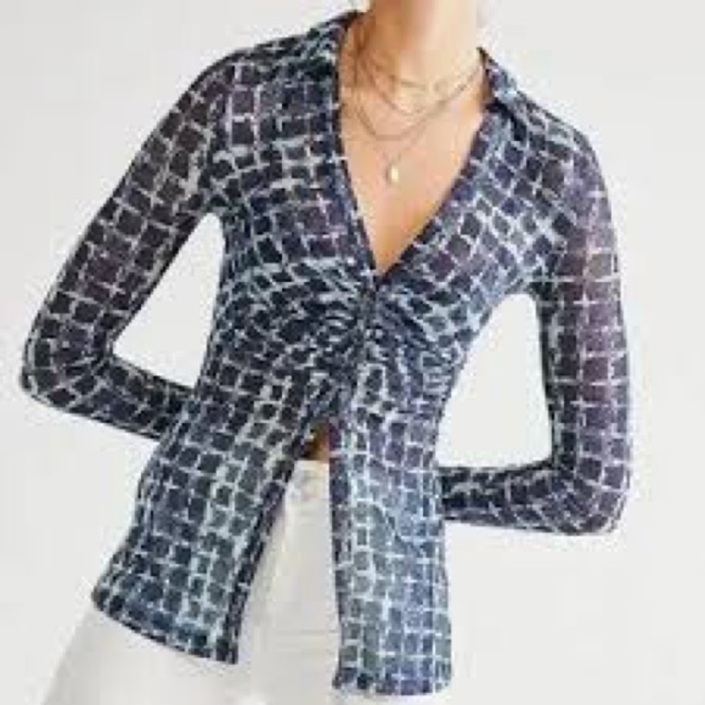 Free People Mesh Women's Blue Patterned Top
